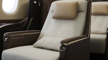 Naklejka premium Airplane first-class seats with pillows and window view
