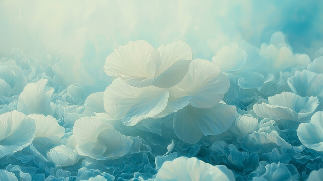 Soft white floral shapes abstract petals gentle curved lines dreamy atmosphere pastel blue background delicate texture serene mood ethereal nature inspired elegant composition