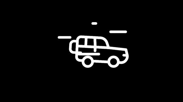 Simple white outline icon of an off-road vehicle in motion on a black background