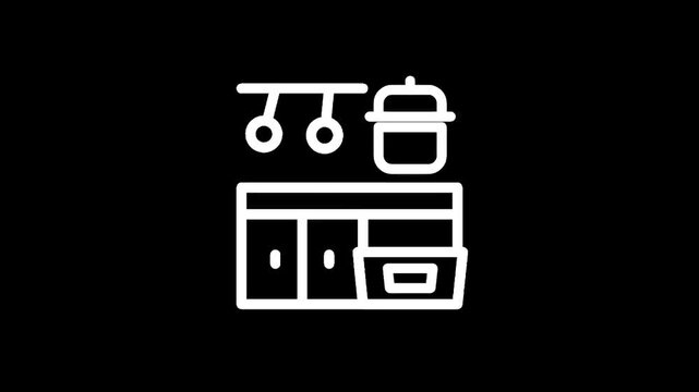 Simple line art icon representing a kitchen counter with a pot and hanging utensils