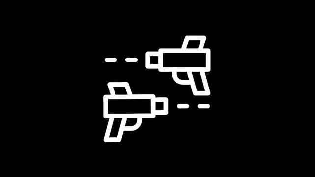 Iconic white outline of two laser guns firing at each other on a black background
