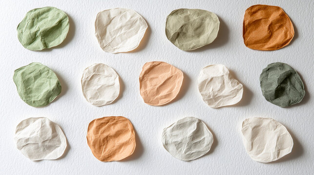 Abstract hand illustrated shapes scattered rhythmical textured paper circles in green beige orange and cream arranged on white background modern minimal art creative playful mood