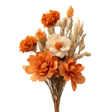 Bouquet of autumn orange dry flowers isolated on transparent background. PNG. Generated AI