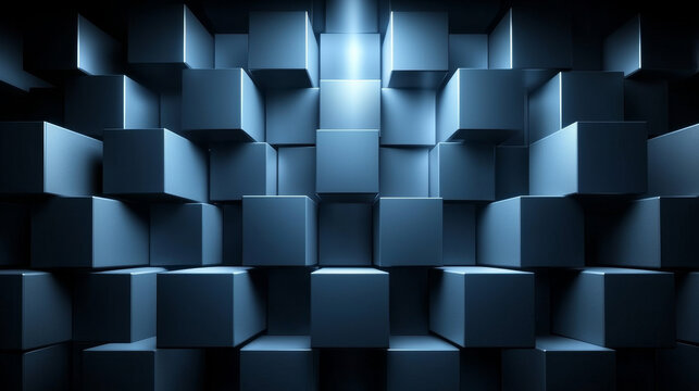 Abstract isometric blocks geometric cubes blue gradient modern 3D background illuminated futuristic digital art symmetry depth pattern creative design