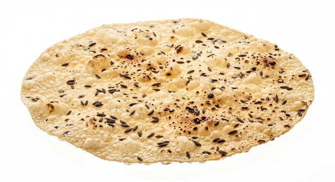 Strict Top View of Roasted Cumin Papadum Lentil Wafer Floating. Has copy space for text.