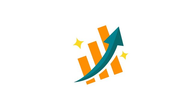 Yellow star symbols and orange bar chart columns show teal upward growth trend arrow. Ideal for finance, success, progress concepts.