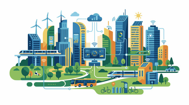 A colorful illustration of a futuristic city with green spaces sustainable energy sources and modern transportation sy
