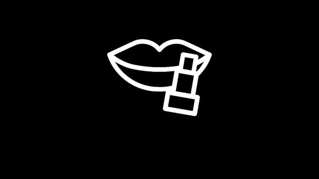 Minimalist white line art icon of lips with a lipstick applicator on a black background