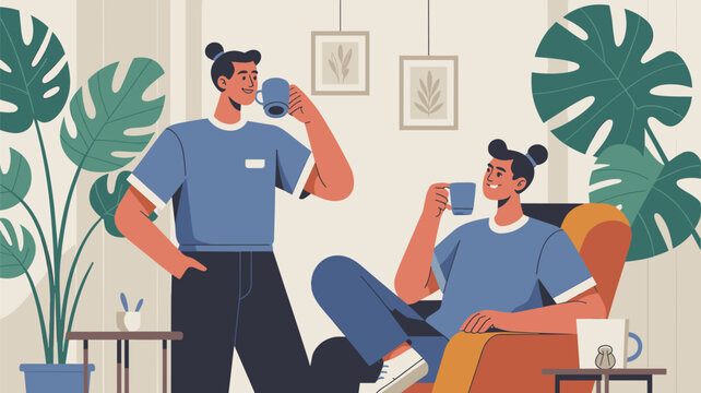 Two women enjoying a conversation while drinking coffee in a modern living room filled with large green tropical house plants.