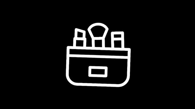 Simple line art icon of a makeup bag with lipstick, brush, and compact