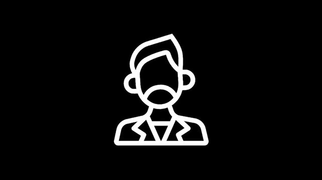 Simple white line art icon of a man with a beard and suit on a black background