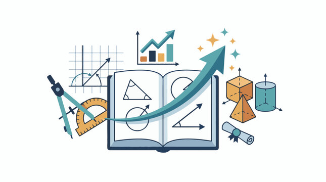 A colorful illustration of an open book with geometric shapes and school supplies
