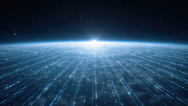 A vibrant digital visualization of a cosmic horizon, depicting light rays emerging from a star above a cloud-covered planet