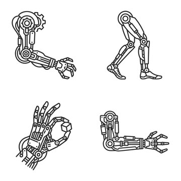 Robotic Limb Icon Set Featuring Prosthetic Arm Designs, Bionic Leg Mechanics, and a Cybernetic Hand for Artificial Prosthesis Technology Research
