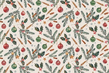Naklejka premium Seamless christmas pattern with watercolor pine branches, red and green ornaments, holly, cinnamon sticks, and wheat on a light background