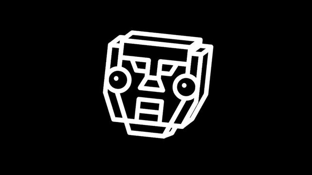 Stylized white robot head icon on a black background, minimalist design