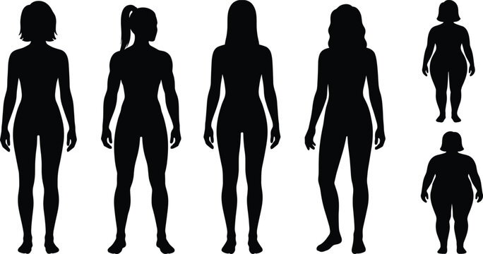 Diverse female body shapes and figures in black silhouette, showing different types of women standing, human anatomy, isolated design