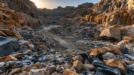 Obraz premium Rocky Quarry Landscape with Discarded Waste and Garbage Under Bright Horizon at Sunset