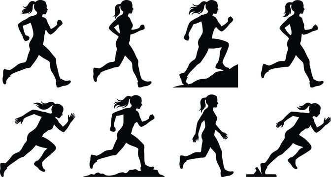 Female runner silhouettes in various jogging, sprinting, and mountain running poses, athletic woman collection, isolated on white