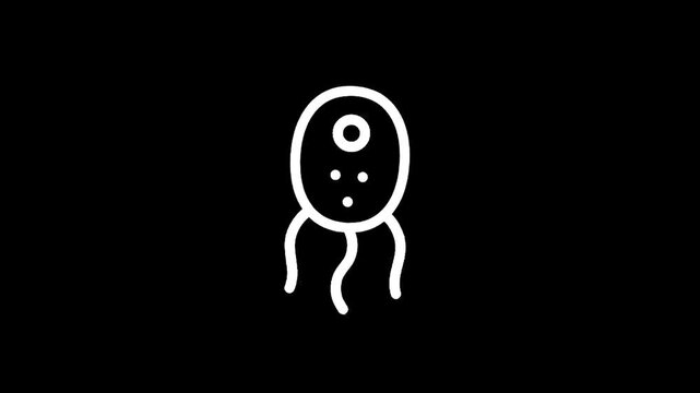 Simple white line drawing of a single-celled organism with flagella on a black background
