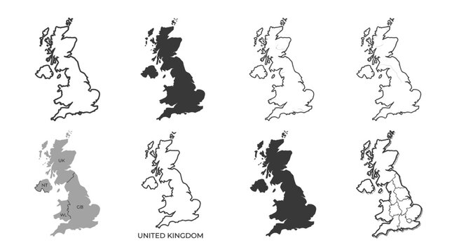 United kingdom map collection in various styles and outlines