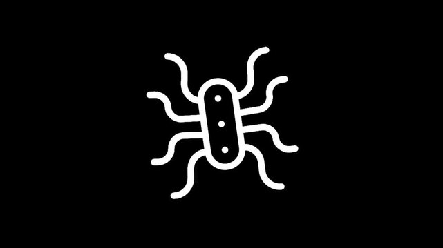Simple white line art icon of a bacterium with flagella on a black background
