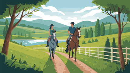 Fototapeta premium Active man and woman riding horses on a dirt path through a scenic countryside landscape with a large lake and hills.