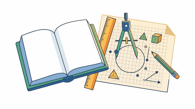 A colorful illustration of a textbook ruler and drafting tools on graph paper