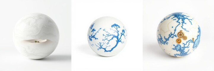 Obraz premium Ceramic spheres displayed. Each exhibits unique patterns, textures, colors. Delicate artistry, craftsmanship evident. Minimalist presentation, white background.