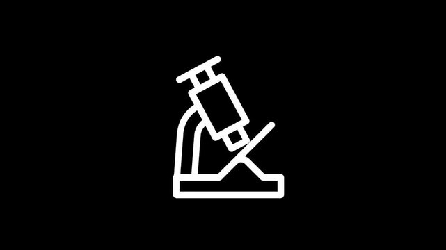 Simple white line art icon of a microscope on a black background