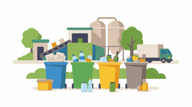 A colorful illustration depicting recycling process with waste management facilities