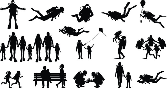 Scuba divers family silhouettes, parents and children exploring underwater, swimming, playing, leisure activities, isolated on white background