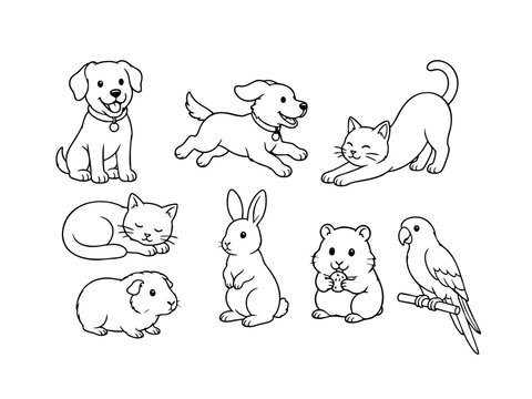 Cute Cartoon Pets Collection Dog, Cat, Rabbit, Guinea Pig, Hamster, Parrot