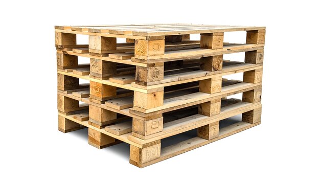 A stack of wooden shipping pallets is shown against a plain white backdrop. The perspective emphasizes depth