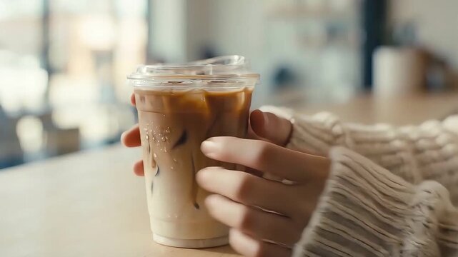 Close up of woman hands holding iced latte coffee in cafe Videos