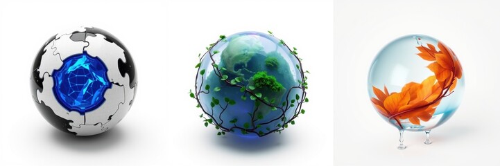 Fototapeta premium Three glossy spheres represent elements. Puzzle pieces, vines, autumn leaves inside glass globes. Bright colors, clean presentation.
