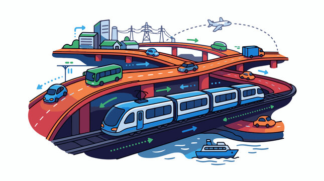 A colorful illustration of a multi-level transportation system with roads trains and waterways