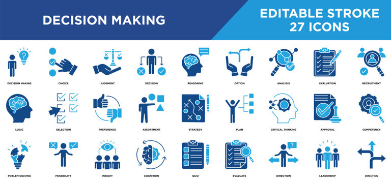 Decision making solid icons set with choice, judgment, decision, reasoning, option, analysis, evaluation concepts. Editable stroke vector collection.