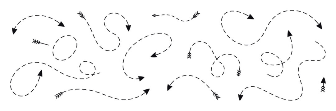 Curved dotted arrow, dashed hand drawn directional symbols with zigzag lines, navigation indicators and creative vector design