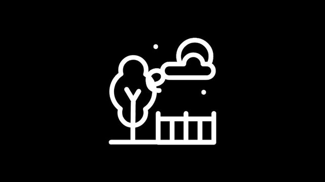 Simple line art icon of a tree, fence, and moon with clouds at night