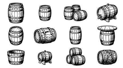 Collection of Hand-Drawn Wooden Barrels in Various Shapes and Orientations. © Rejeki