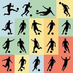 Obraz premium Dynamic Soccer Players in Action Silhouettes on Colorful Background Grid