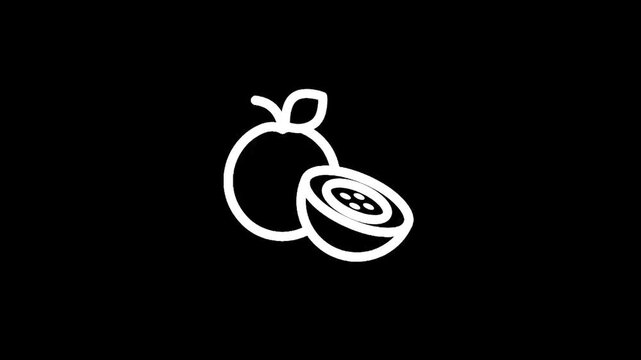 Simple white line art icon of a whole and a halved passion fruit on a black background
