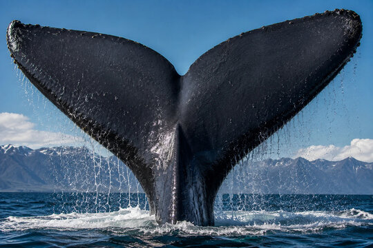 whale in the water whale ocean sea water dolphin tail mammal humpback fin. whale in the water marine orca wildlife fish blue waves splash nature jumping watching pacific diving.