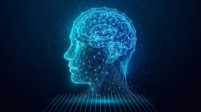 Abstract glowing particle human head profile in blue representing artificial intelligence neural networks digital technology concept with machine learning big data deep learning connection