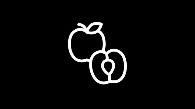 Simple line art icon of an apple and a halved plum on a black background
