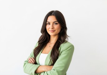 Obraz premium Young businesswoman, professional woman, green blazer, confident female executive, portrait