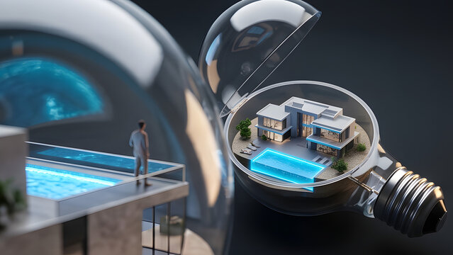 Surreal 3D render of a tiny miniature modern luxury house with a glowing blue pool safely enclosed inside a clear glass lightbulb.
