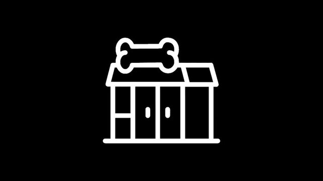 Simple line art icon of a pet store with a bone on top, isolated on black