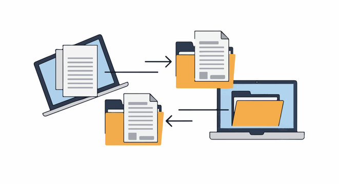 An illustration of a file transfer process from a laptop to folders and then to another laptop